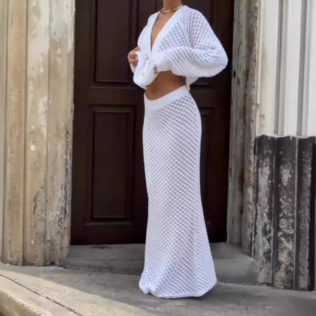 Pure White Knitted Maxi Skirts Set