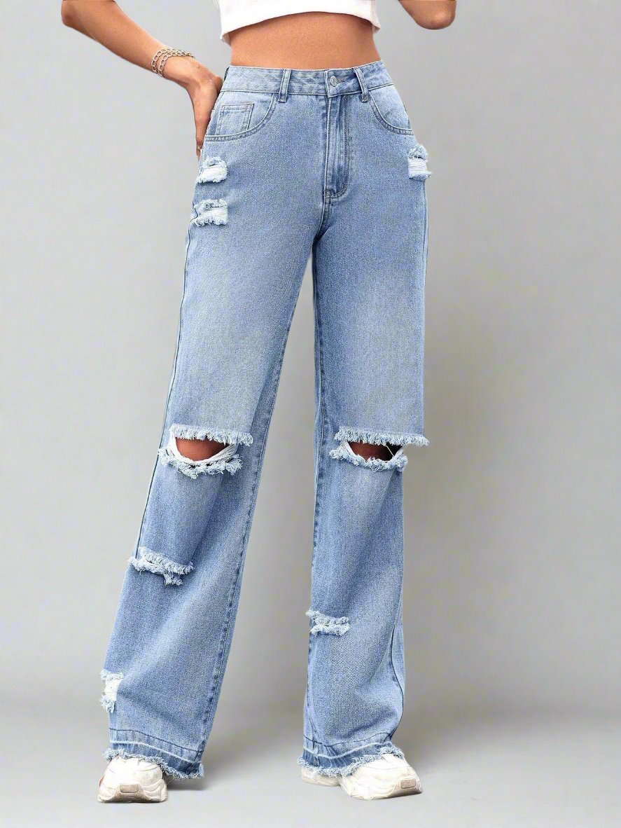 Ripped Straight Wide Leg Jeans