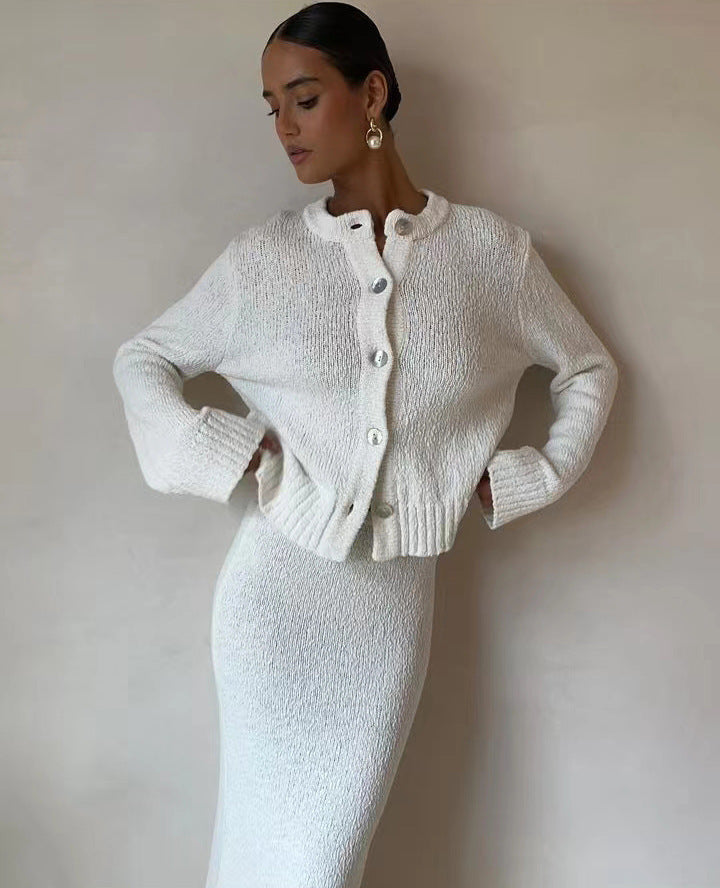 Elegant White  Knitted Slimming Skirt Suit