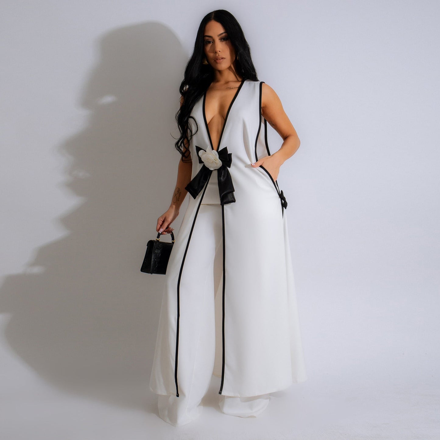 Women Sexy Camellia Bow Sleeveless Long Vest Wide Leg Pants Set