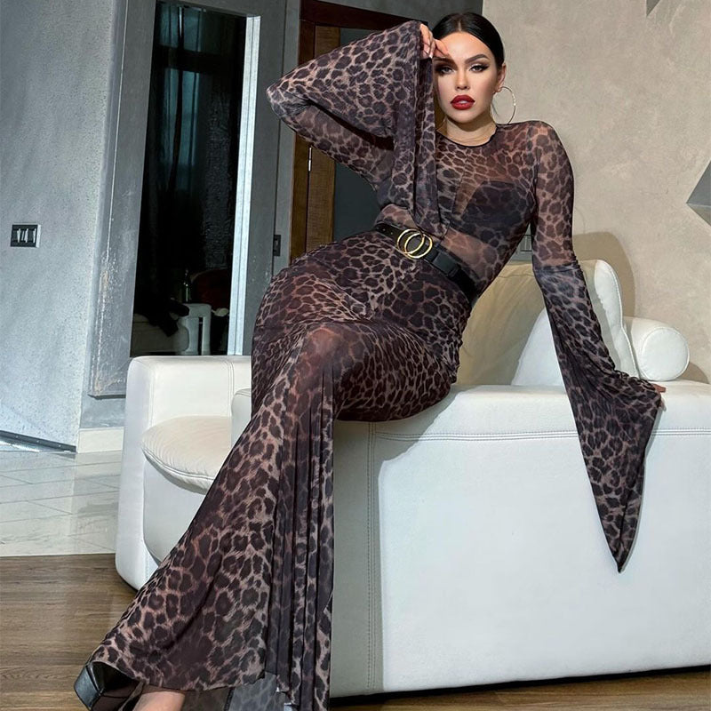 Printed Leopard Print Slim Fit Sheath Fishtail Dress