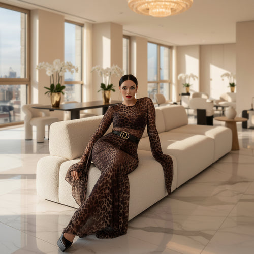 Woman wearing a leopard print outfit sitting on a white chair indoors.
