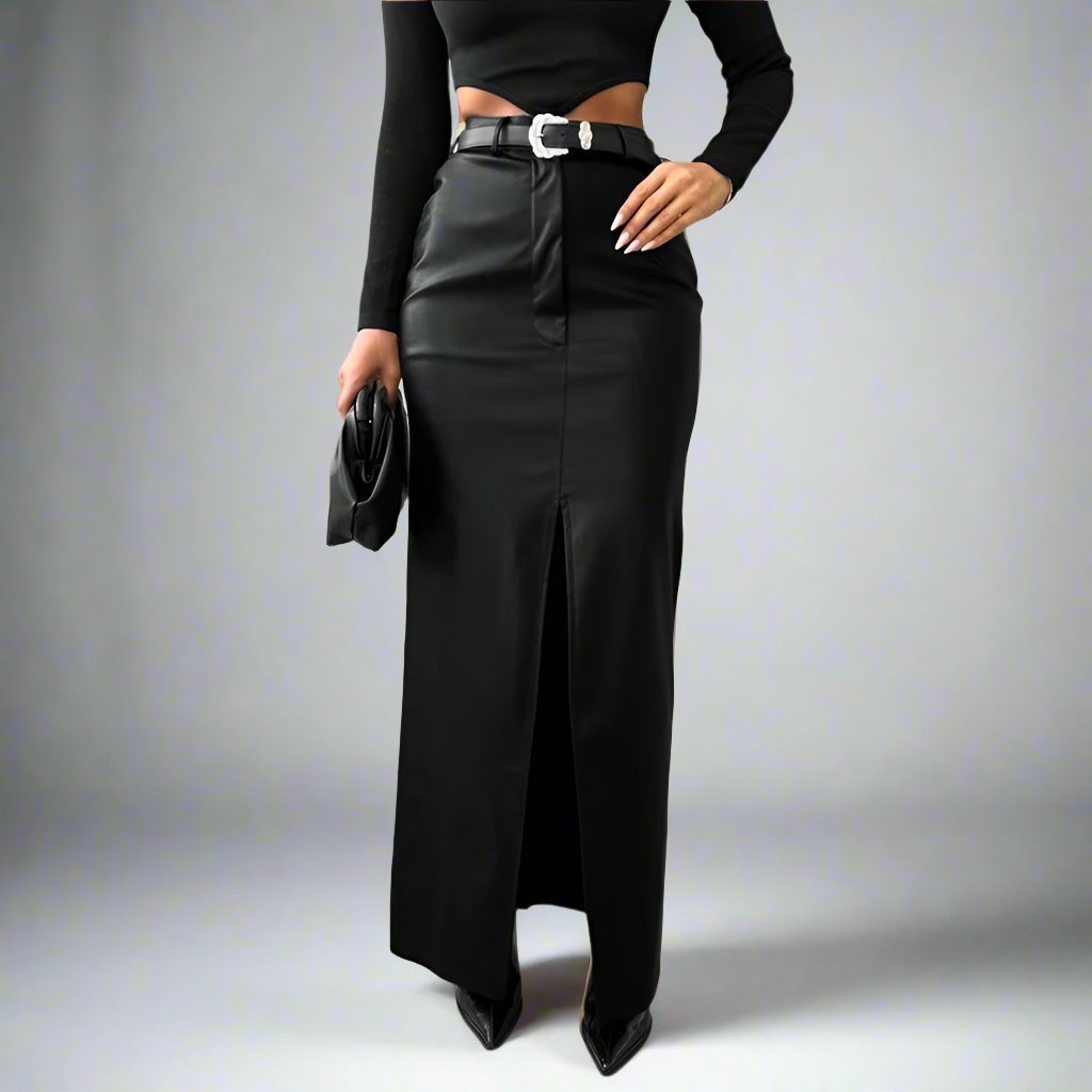 Fleece Lined Matte Leather Slit Skirt