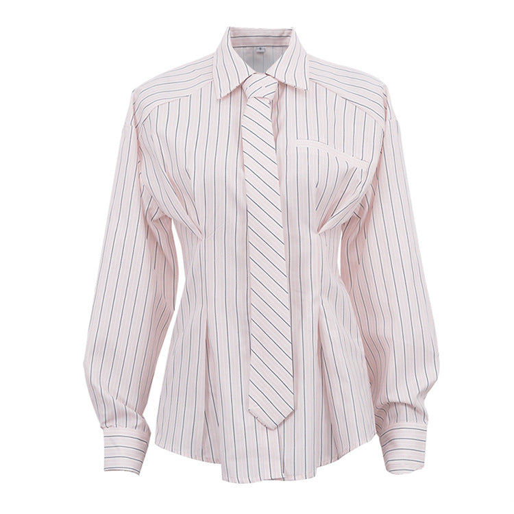 Long Sleeve Tie Cinched Striped Blouse