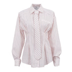 Long Sleeve Tie Cinched Striped Blouse