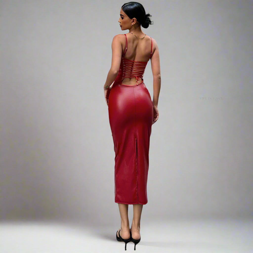 Faux Leather Backless Strap Sheath Split Dress