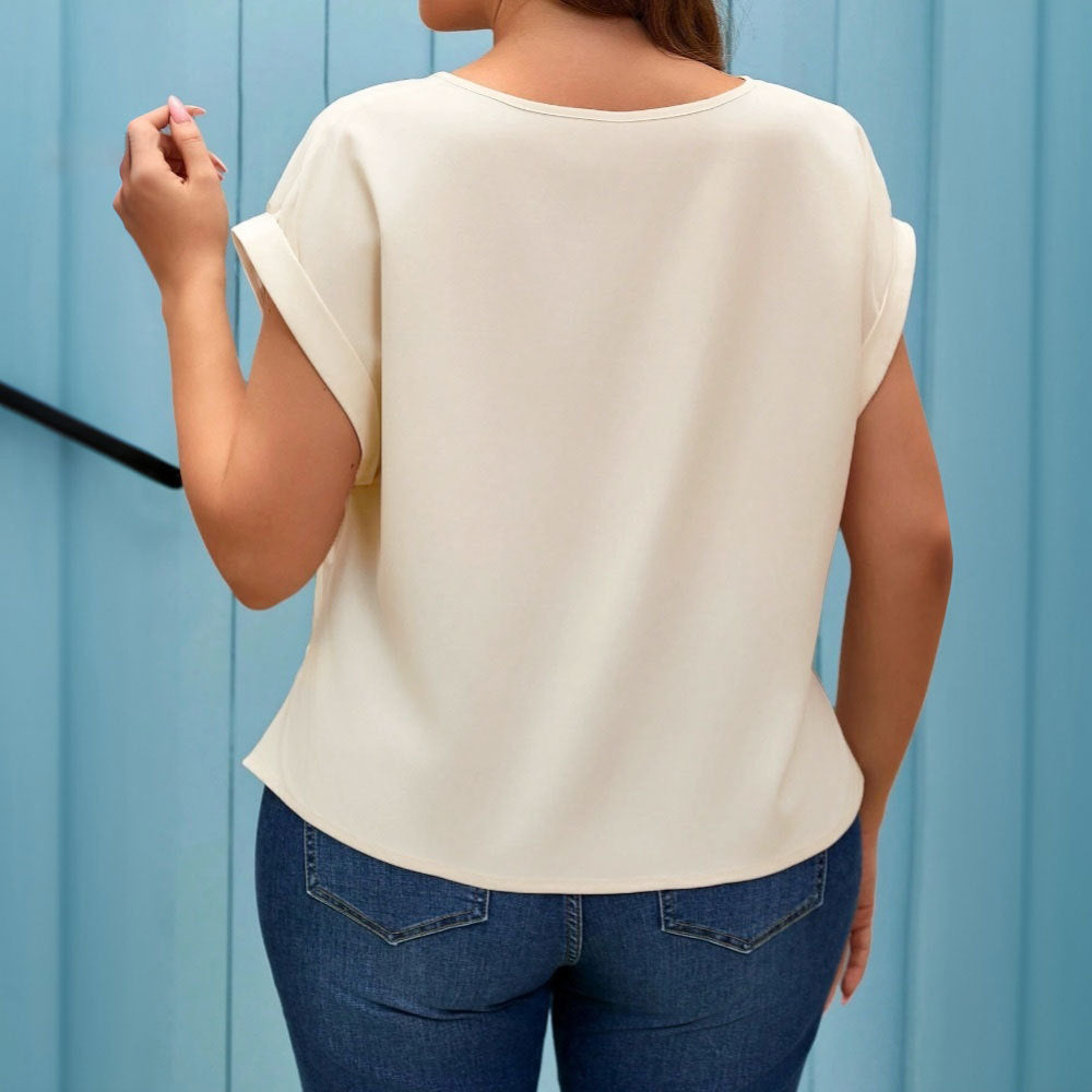 Curve V-Neck Twist Blouse – Short Sleeve Loose Fit Top