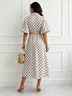 Polka Dot Puff Sleeve Midi Dress – Collared A-Line Loose Fit