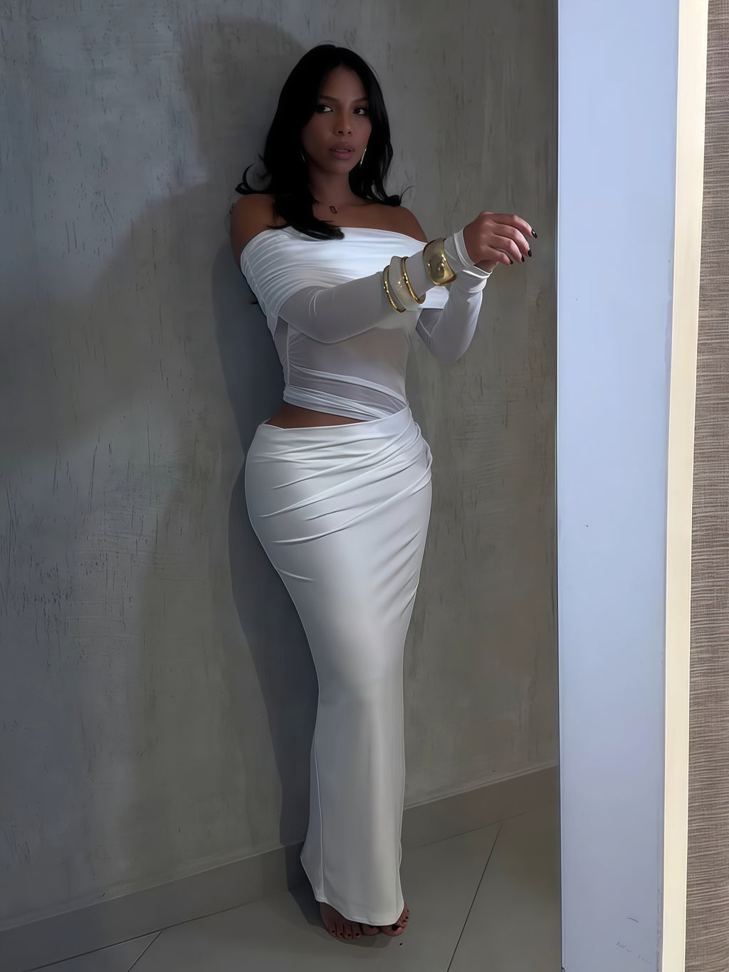Long Sleeve Sheer Style Off shoulder Maxi Dress