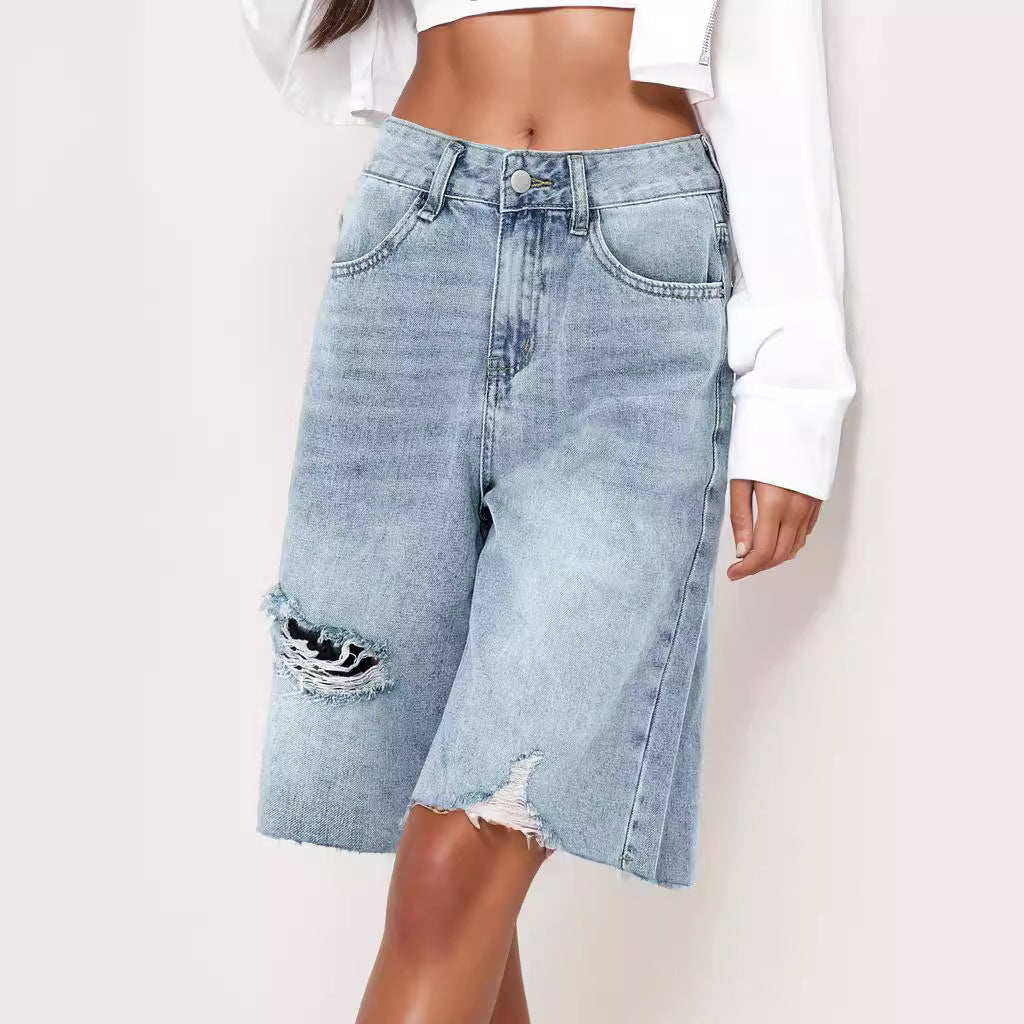 High Waist Distressed Loose Cropped Jeans Shorts