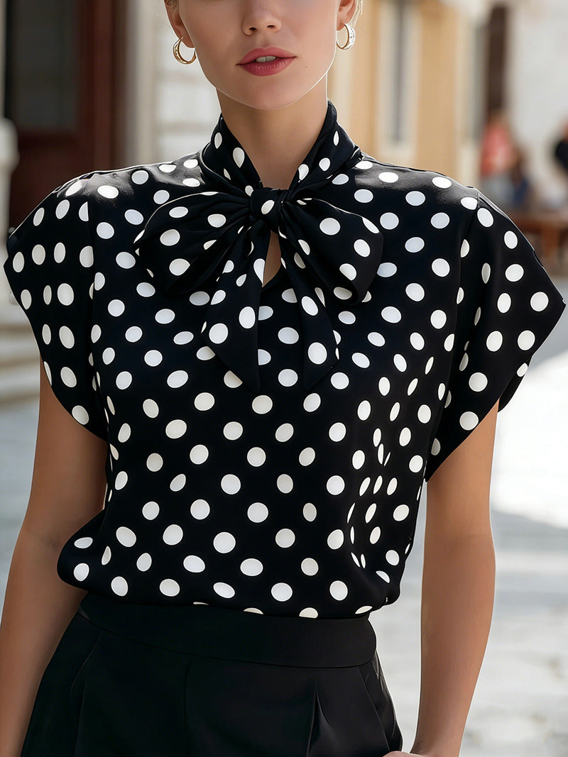 Polka Dot Short Sleeve Bow Tied Shirt