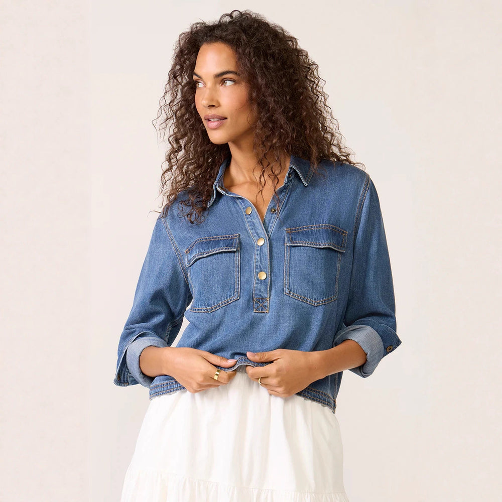 Casual Polo Collar V neck Pullover Denim Shirt