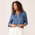 Casual Polo Collar V neck Pullover Denim Shirt