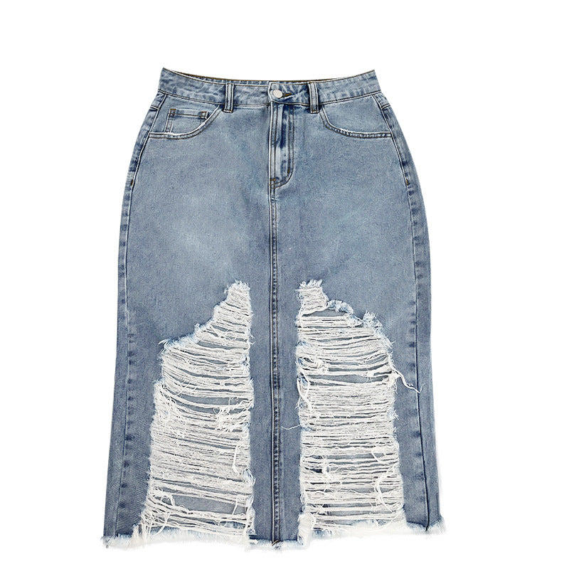 Urban Casual Ripped Denim Midi Skirt