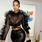 Retro Long Sleeve round Neck Tied Sheer T shirt
