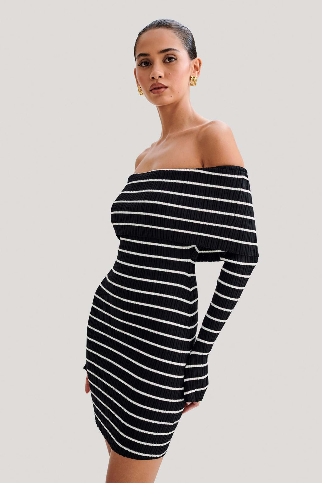Off Shoulder Striped Collar Knit Dress