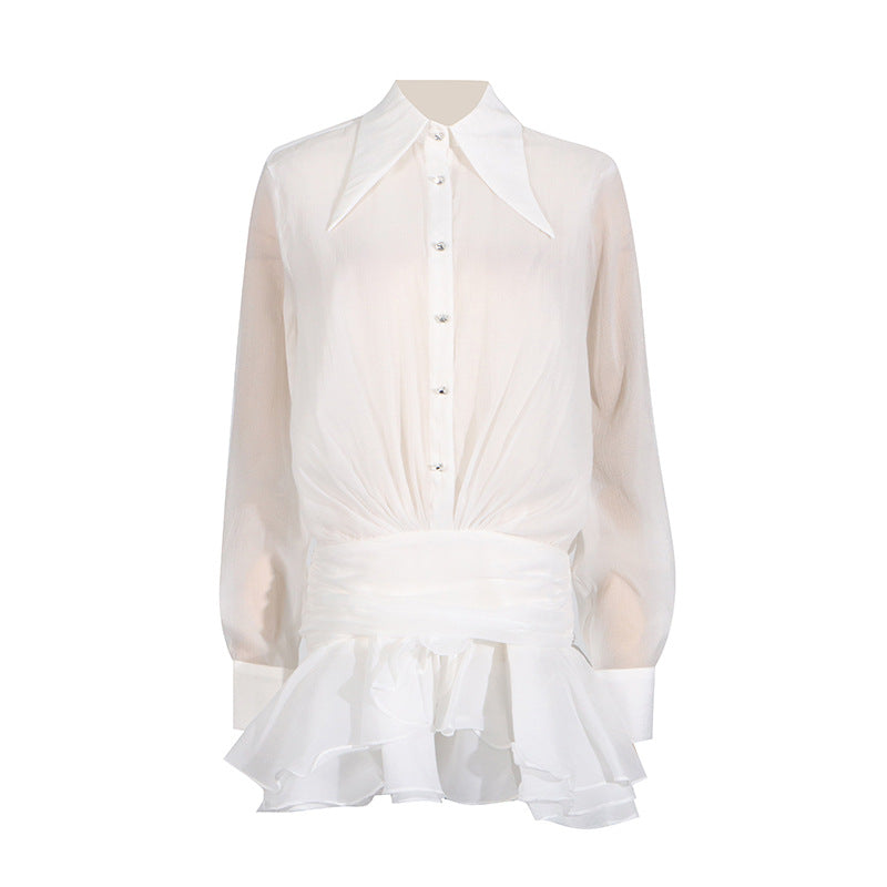 Sheered Pleated Long Sleeve Short Dress