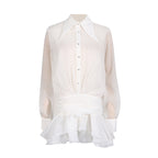Sheered Pleated Long Sleeve Short Dress
