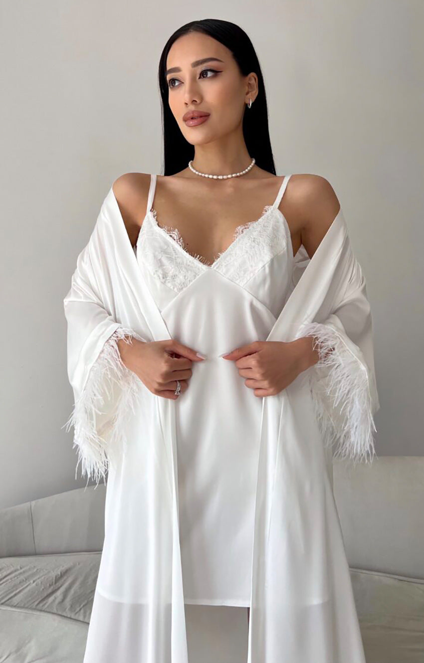Satin Feather Sleeve Nightgown Nightdress Set