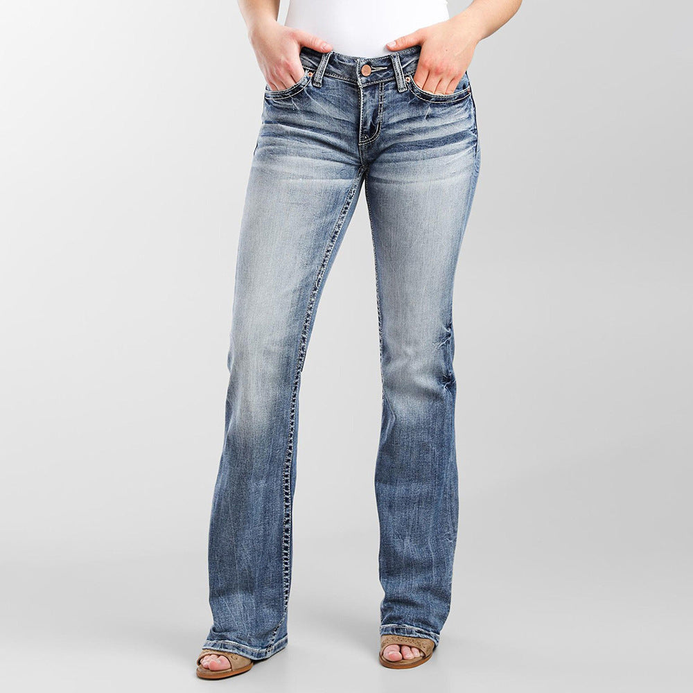 Ladies Vintage Embroidered Pocket Low Waist Jeans