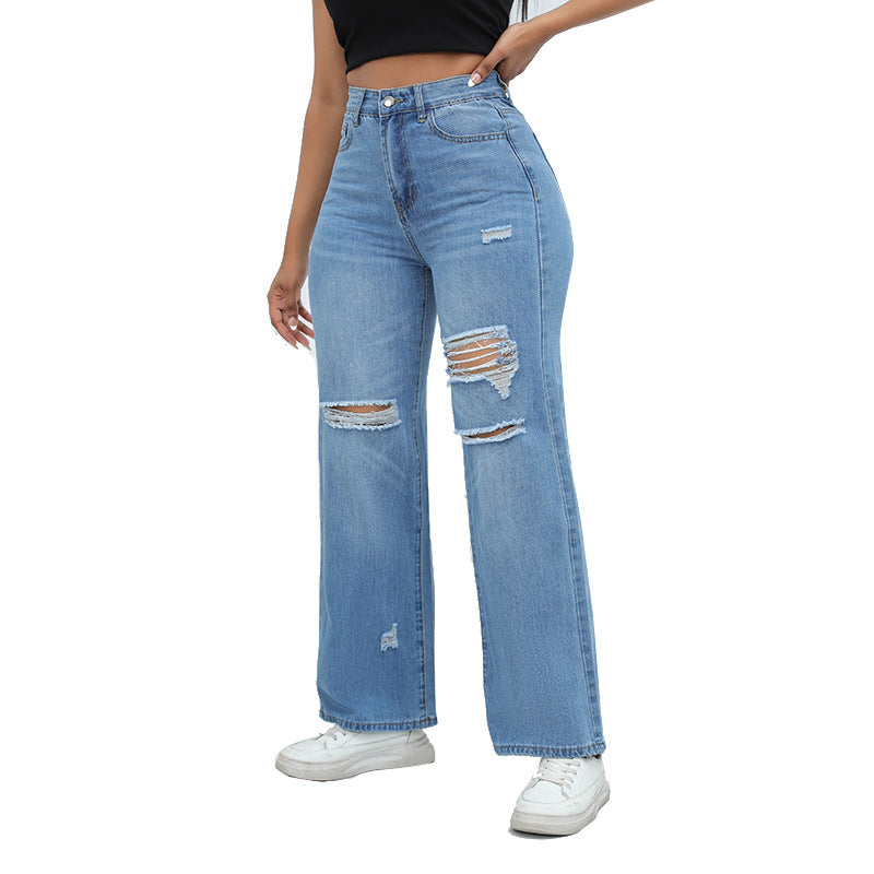 Washed Hole Wide Leg Jeans
