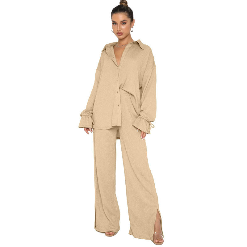 Single Breasted Long Sleeve Tied Top & Pants Set