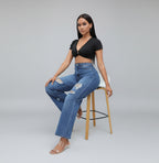 Washed Hole Wide Leg Jeans