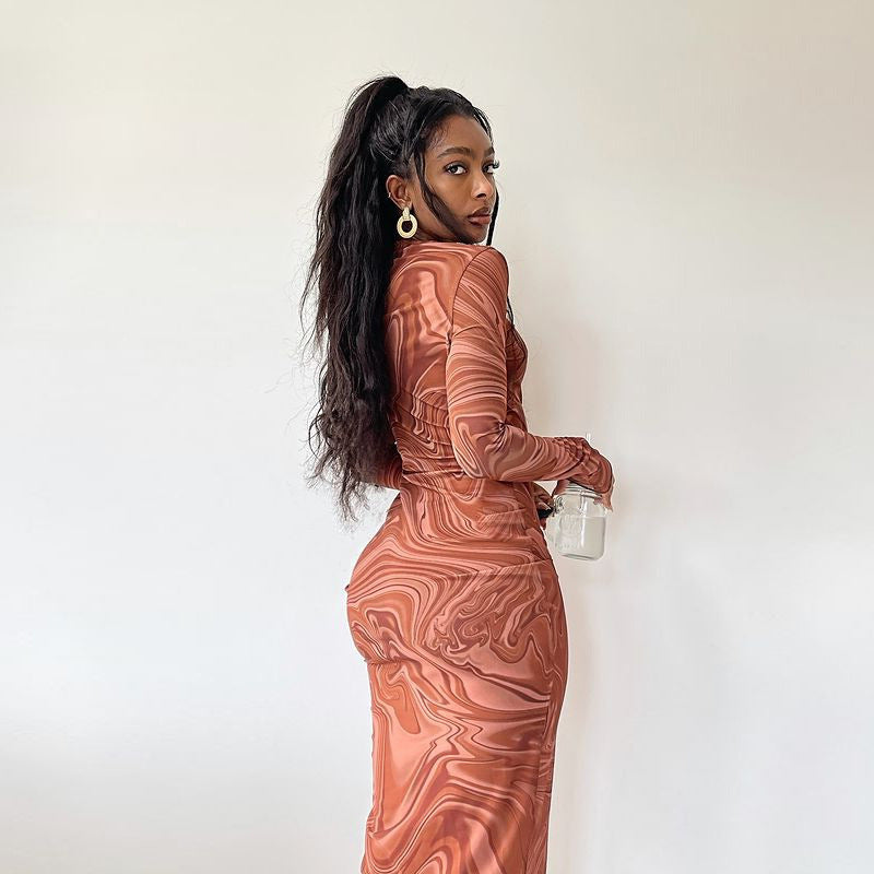 Swirl Print Long Sleeve Maxi Dress – Slim Fit Crew Neck Bodycon