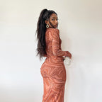Swirl Print Long Sleeve Maxi Dress – Slim Fit Crew Neck Bodycon