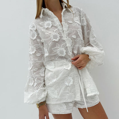 Sexy Suit Spring Autumn Cotton Embroidered Transparent Shirt High Waist Shorts