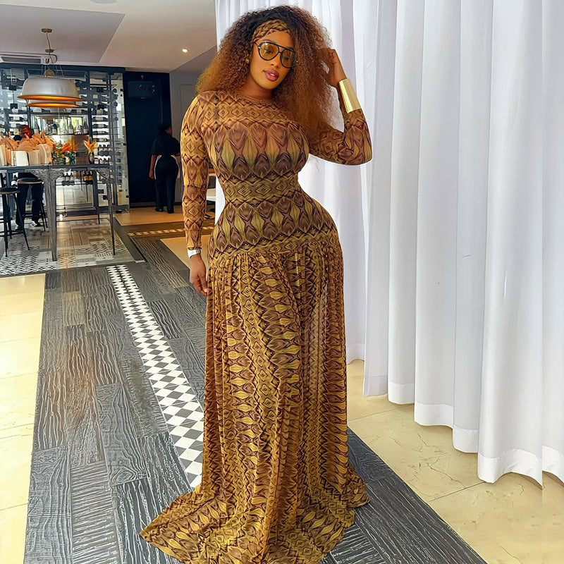 Elegant Retro Printing Micro A line Sheer Dress