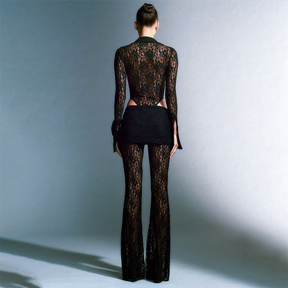 Women Clothing Autumn Winter Lace Long Sleeve Jumpsuit Straight Leg Trousers Suit