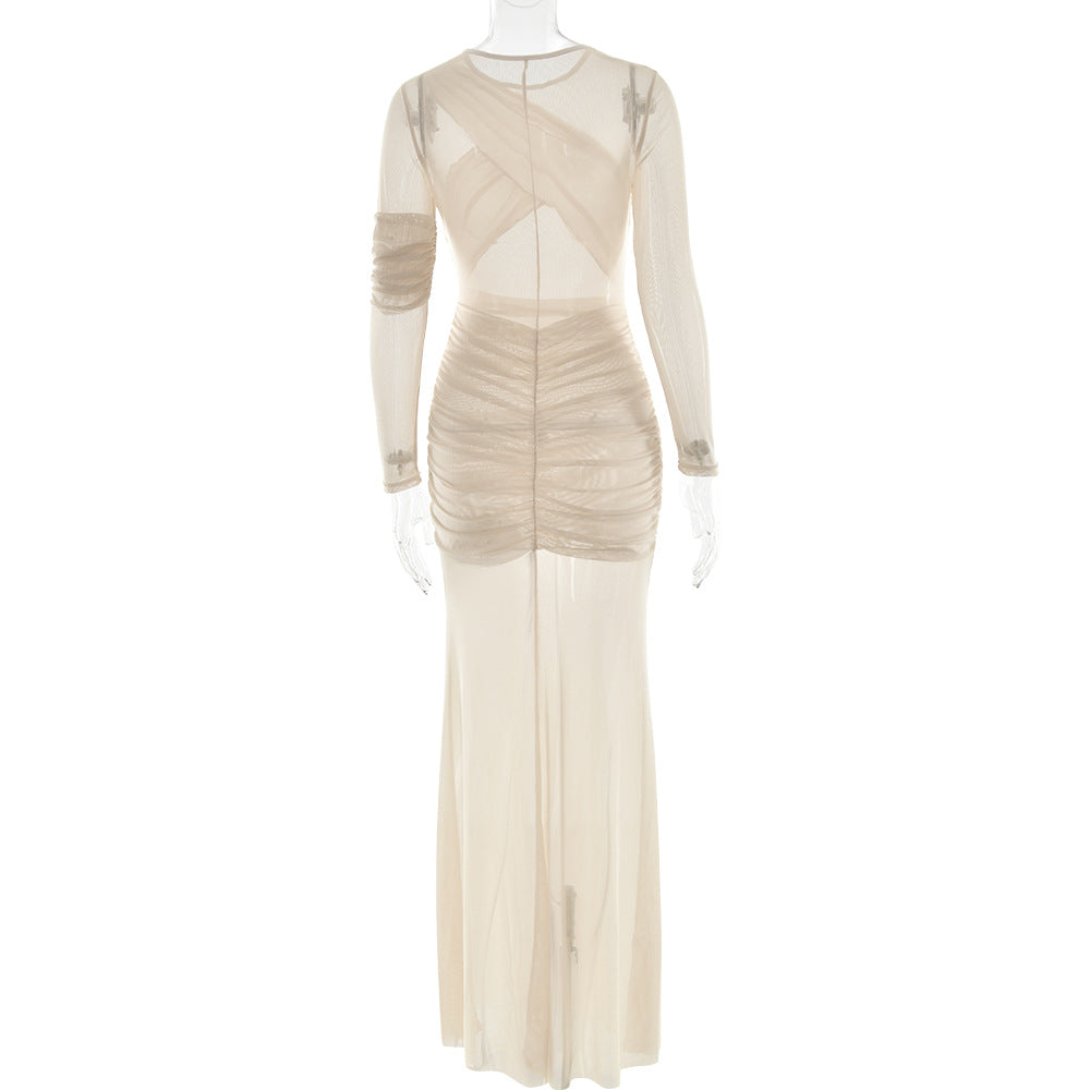 The Sheer Statement – Mesh Long Sleeve Ruched Maxi Dress