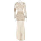 The Sheer Statement – Mesh Long Sleeve Ruched Maxi Dress