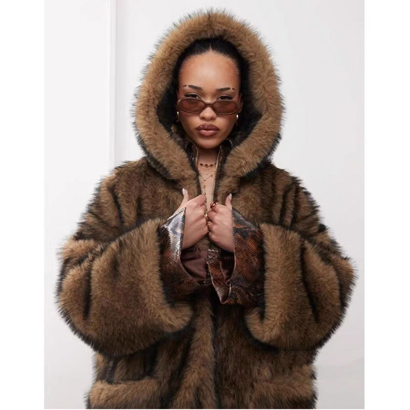 Faux Fur Hooded Trench Coat