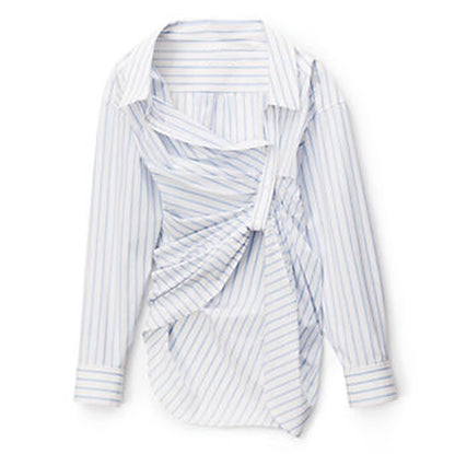 King White Striped Asymmetric Buckle Pleated Shirt