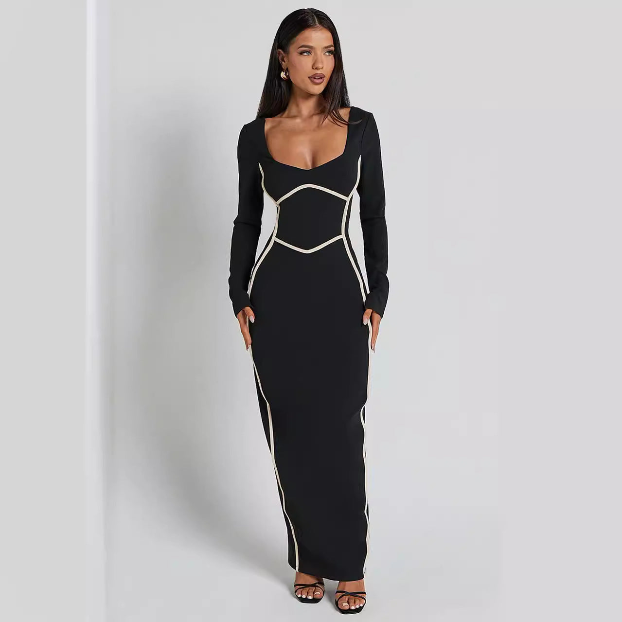 Long Knitted Backless Contrast Patchwork Pencil Dress