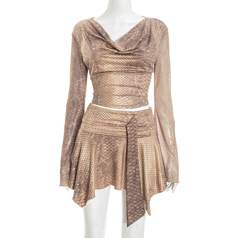 Snake Printed Long Sleeved Skirt Set