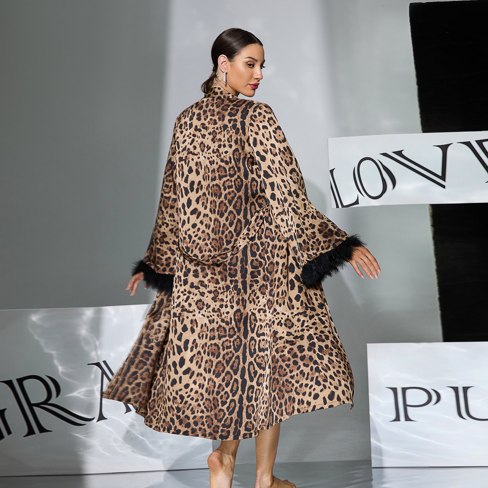 Three Piece Leopard Print Feather Cuff Nightgown Set