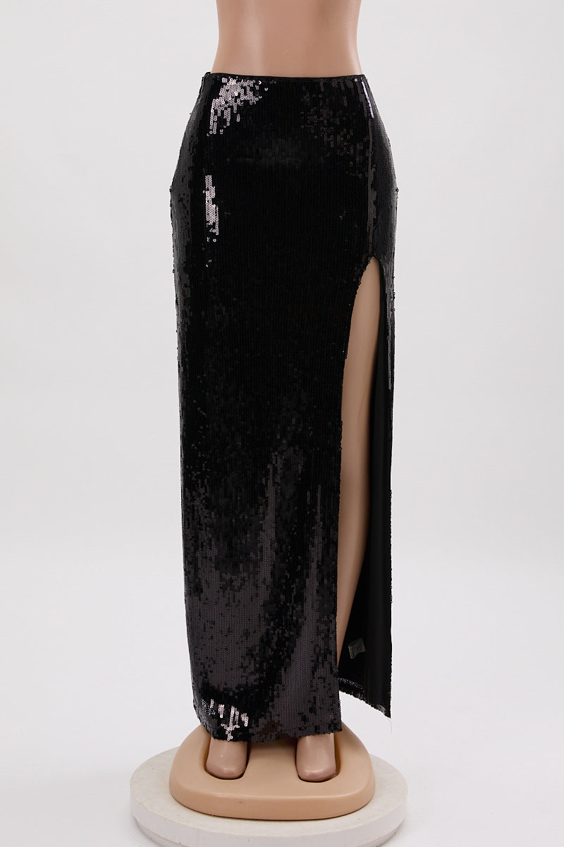 Slit Black Sequin Dress