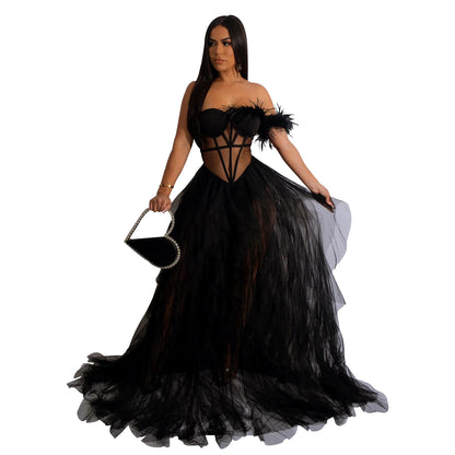 Chest Wrap Mesh Maxi Feather Dress