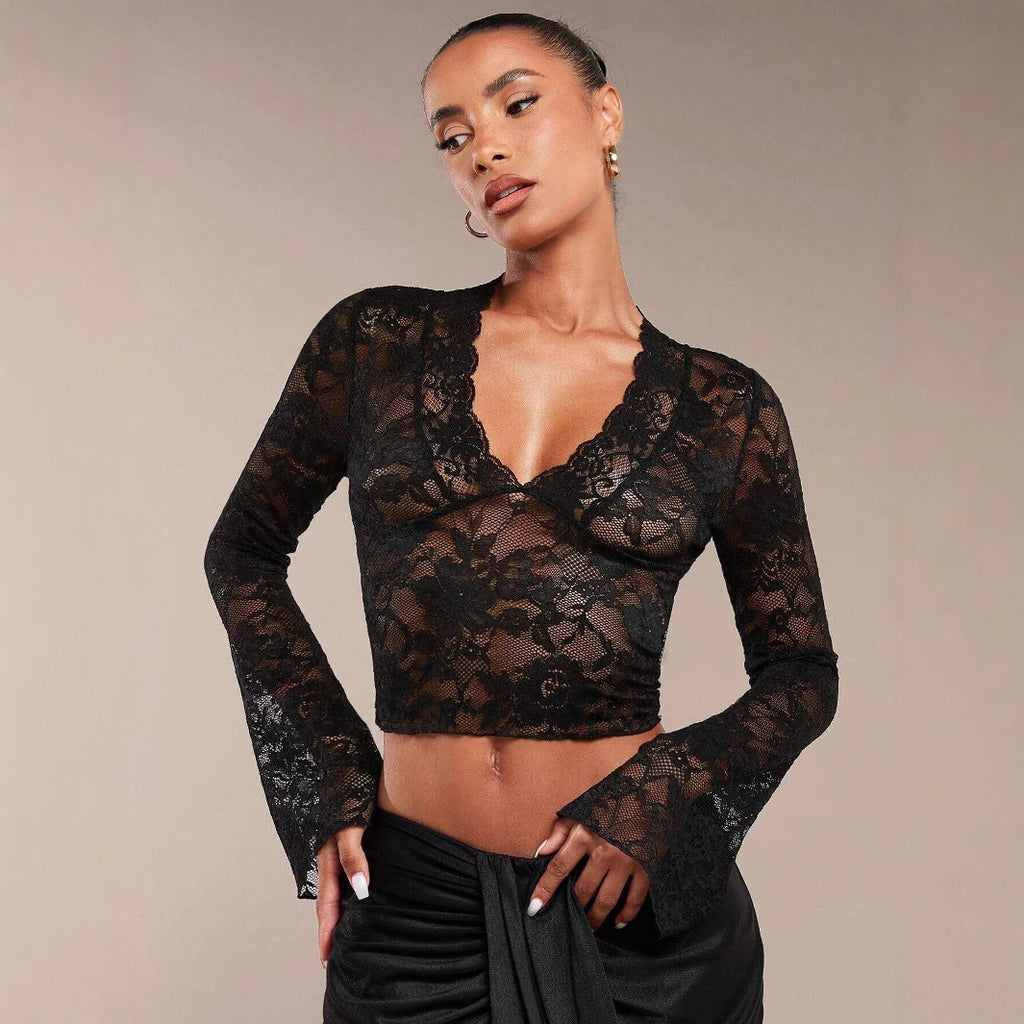 Tight Flared Long Sleeve Lace Top