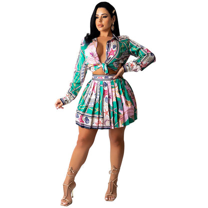 Long Sleeve Printed Pleated Skirt Set