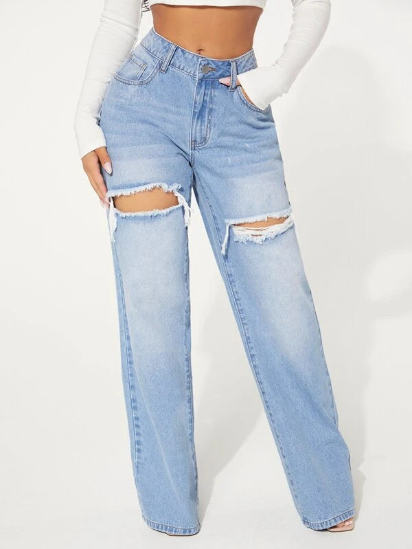 Ripped Washed Wide Leg Jeans