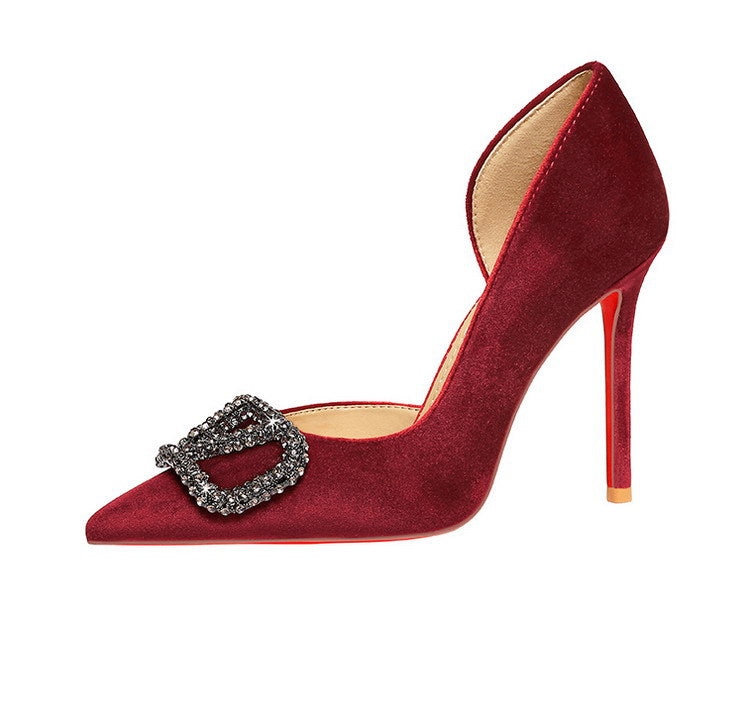 French Elegant Lady Ultra High Heel Stiletto Heel Red Bottom High Grade Rhinestone V Buckle Suede Shoes