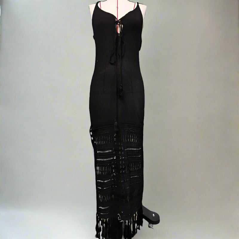 Strap Knitted Cinched Tassel Beach Dress