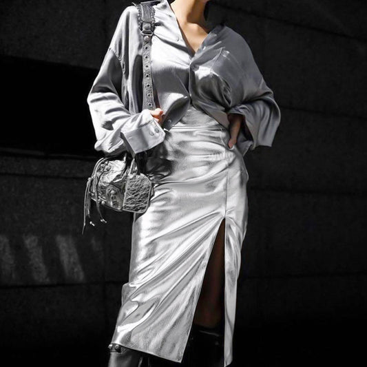 Metallic Futuristic Slit Skirt