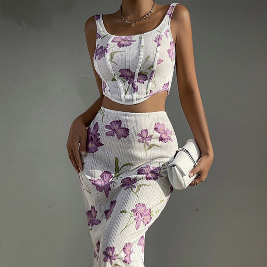 Spaghetti-Strap Floral Print Vest & Slim Fit Sheath Skirt Set