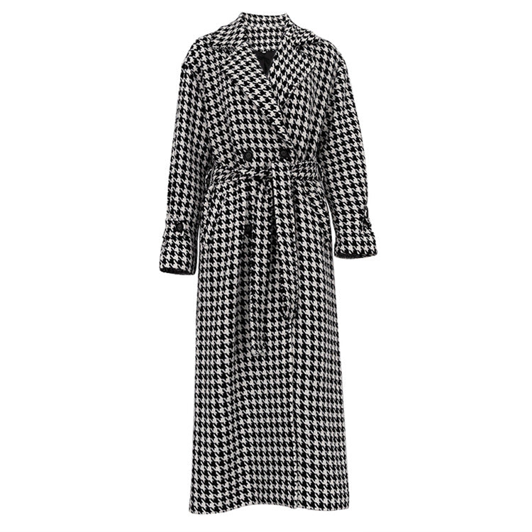 Houndstooth Long Black White Trench Coat