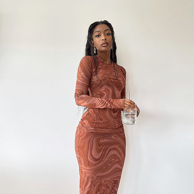 Swirl Print Long Sleeve Maxi Dress – Slim Fit Crew Neck Bodycon